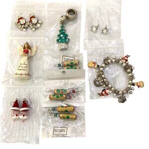 Christmas Jewelry Bundle 9 Earrings Bracelet Scarf Dangle Angel Santa Snow Man